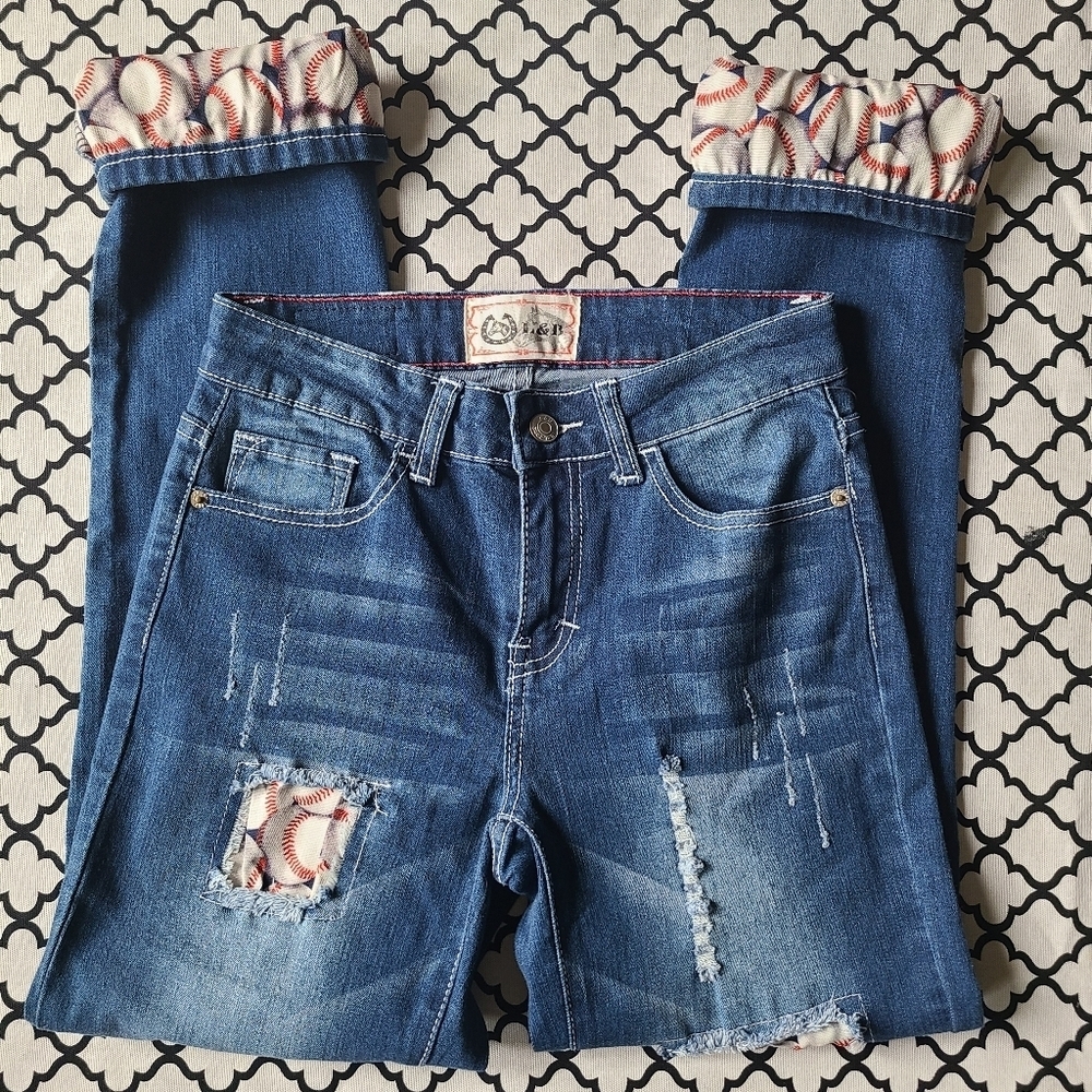 L&B Baseball Patched Distressed Crop Jeans Size 4
